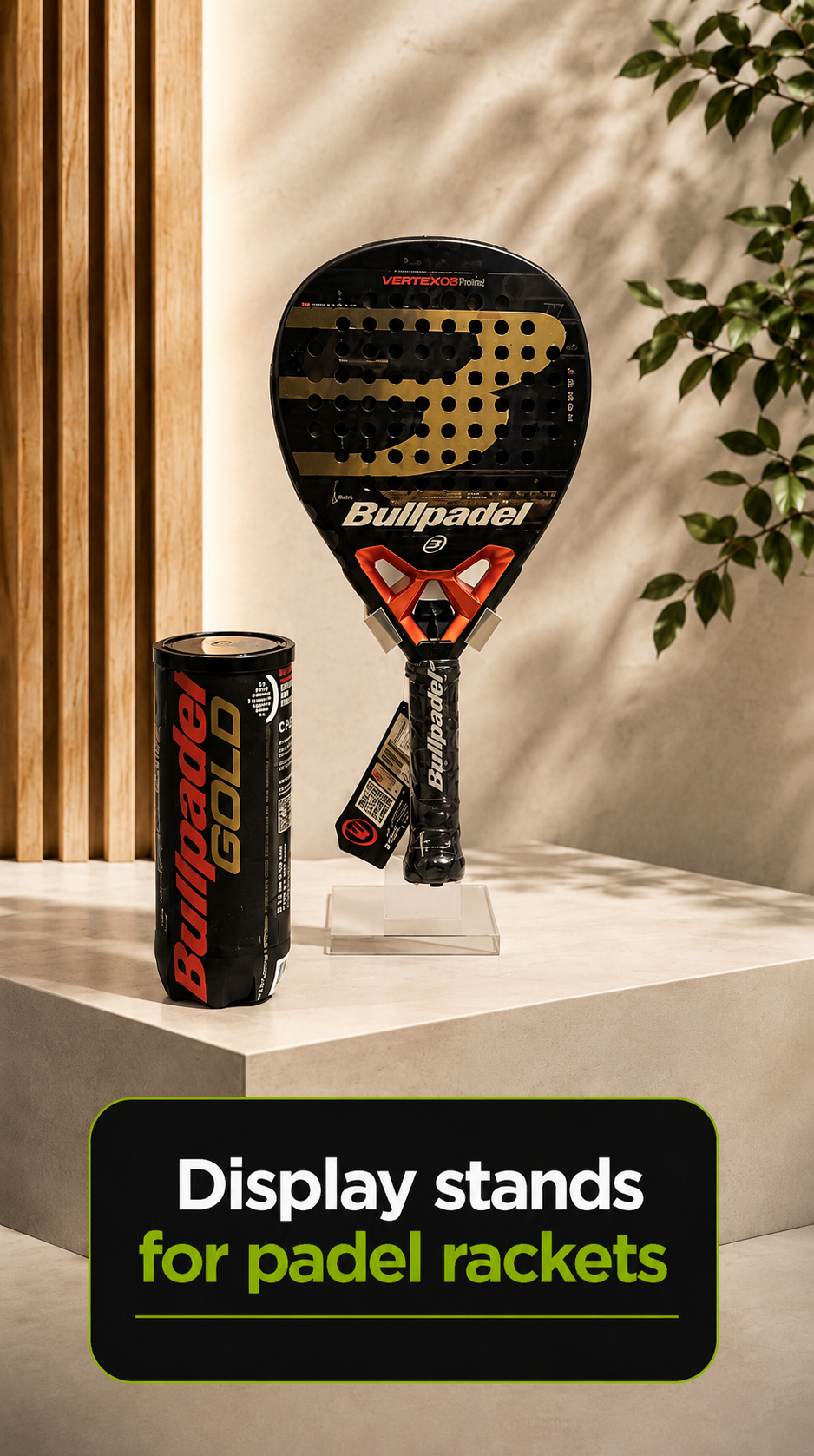 **Alt Text (SEO optimizado):** Vertical padel racket holder for stores and clubs, modern display support designed to organize and showcase padel rackets with maximum visibility and space optimization.